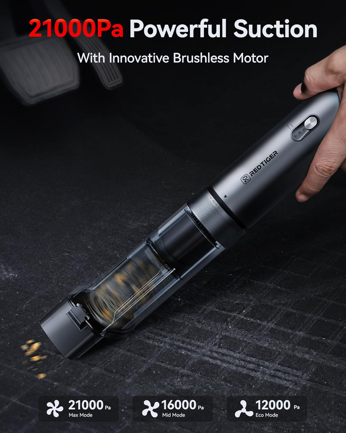 REDTIGER Cordless Car Vacuum - 21000PA Portable Handheld Cleaner with 70 Min Runtime | Lightweight 4-in-1 Design