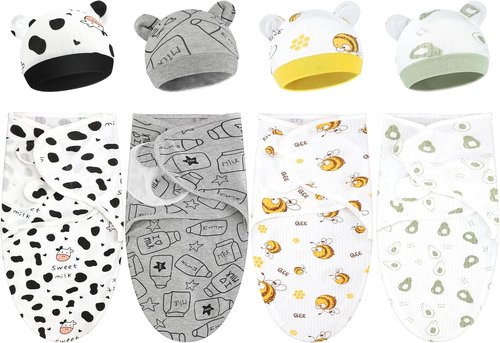 Buryeah Preemie Swaddle Blanket Wrap Set - 4 Pack with Hat for Baby Boys & Girls (3-7 Lbs)