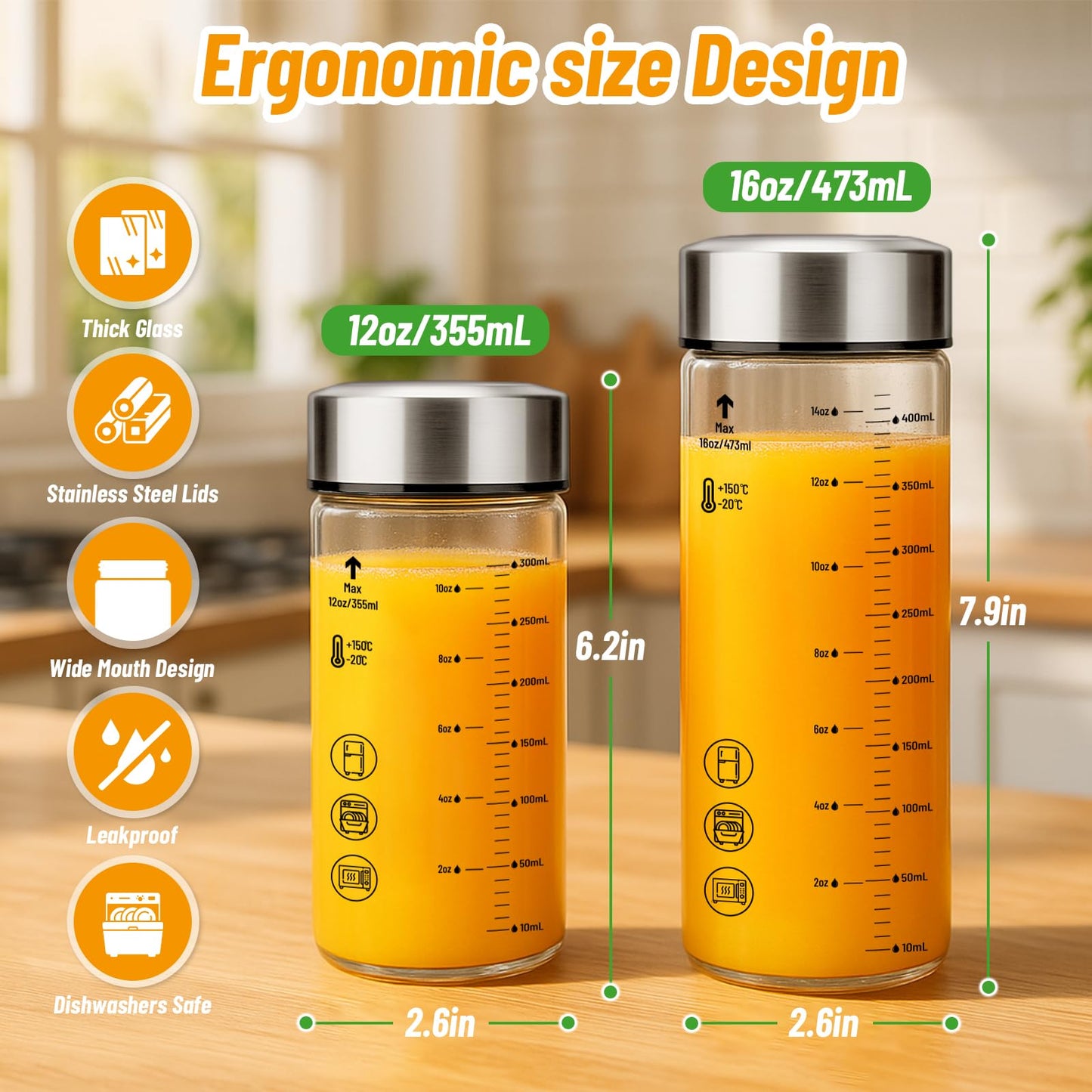 Luxfuel 12 oz Glass Juice Bottles with Lids, 4 Pack Wide Mouth Borosilicate Glass Bottles with Stainless Steel Lids, Heat-Resistant, Leakproof & Reusable for Juicing, Smoothies, Milk, Water, BPA-Free