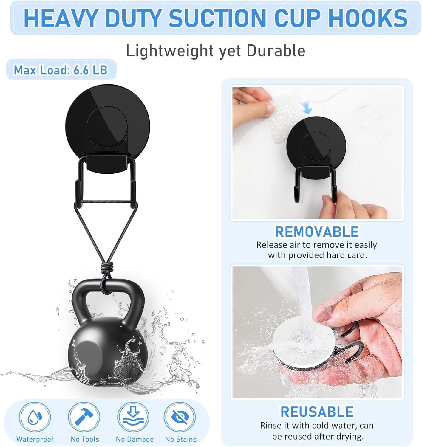 VIS'V Heavy Duty Shower Suction Cup Hooks - Removable & Reusable Double Hooks, Black | 2 Pack