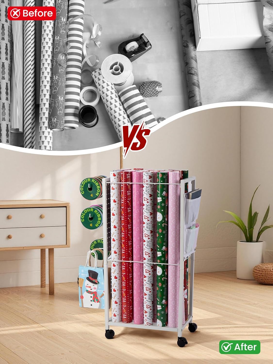 Wrapping Paper Cart - Gift Wrap Organizer with Rolling Storage Stand & Ribbon Holders | 12 PCS Slap Bracelets