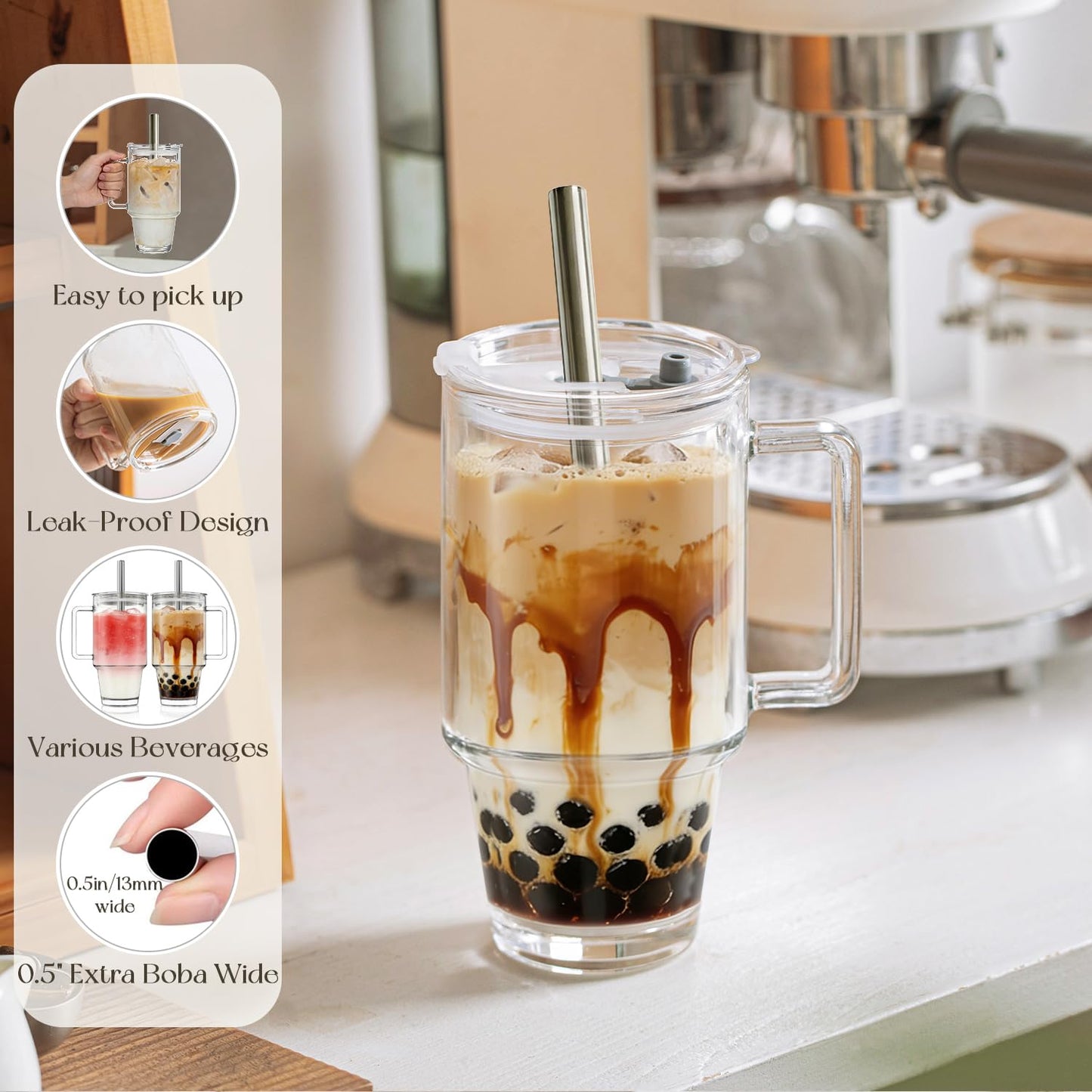 KEMORELA 24oz Clear Glass Tumbler with Handle, Lid & 13mm Stainless Steel Straws,2 set–Wide-Mouth Reusable Glass Cups for Cold & Hot Drinks, Ideal for Boba,Smoothies, Iced Coffee & Juice, Travel Cup