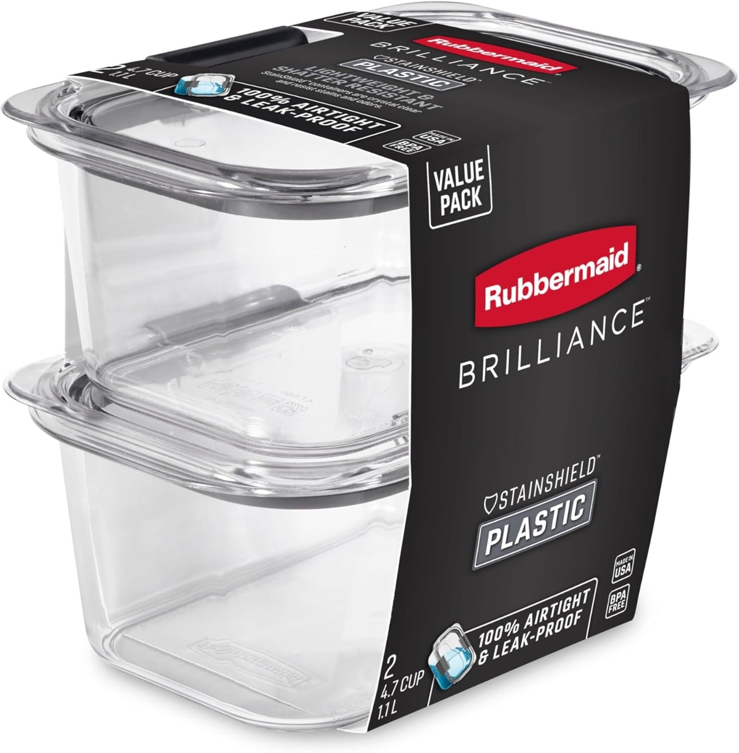 Rubbermaid Brilliance Food Storage Containers - BPA-Free, Airtight & Leak-Proof, 4.7 Cup, 2-Pack