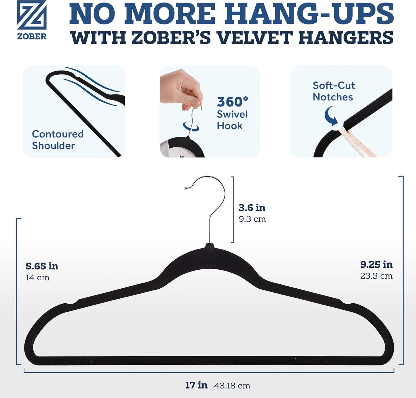ZOBER Black Velvet Hangers - Non-Slip 50 Pack Clothes Hangers with 360° Swivel | Holds Up to 10 lbs