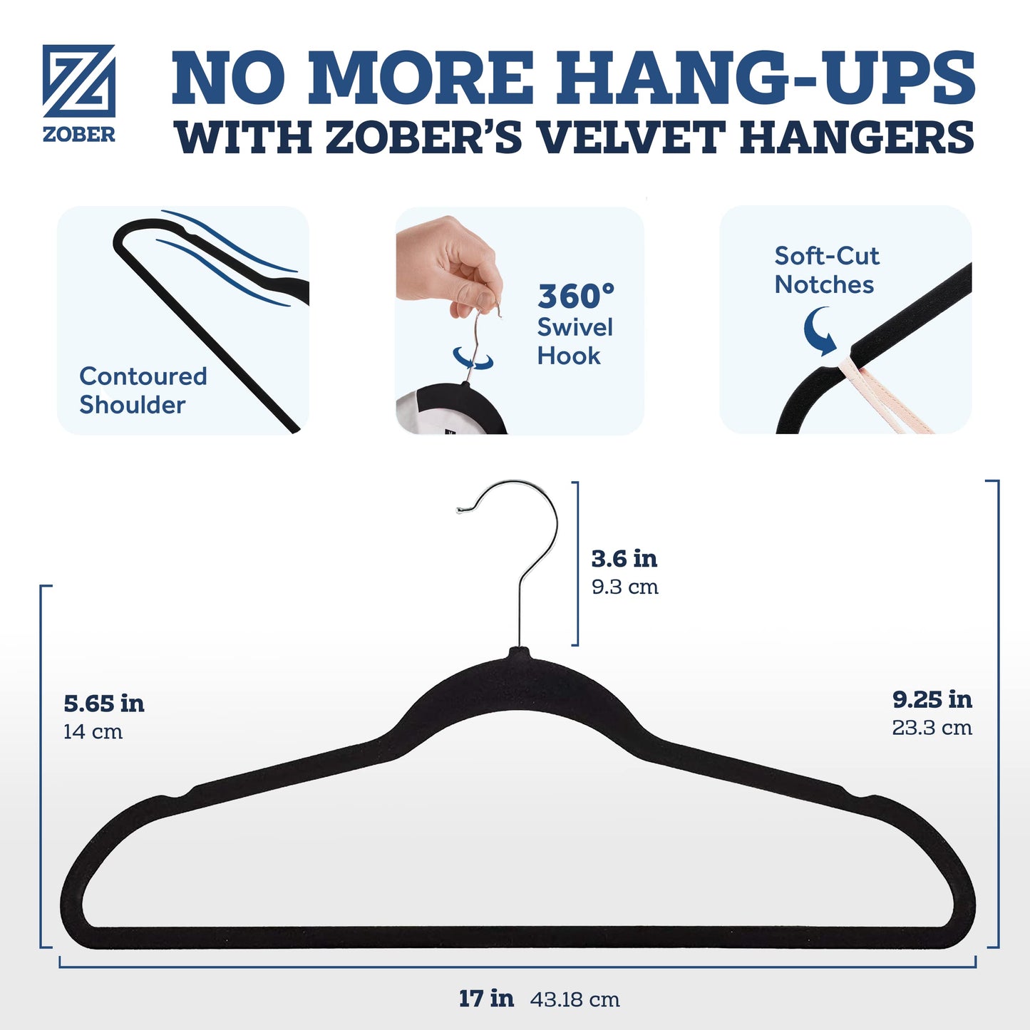 ZOBER Black Velvet Hangers 50 Pack - Clothes Hangers, Coat Hanger for Pants & Dress Clothes - Non Slip w/ 360 Degree Swivel, Holds up to 10 lbs - Strong Felt Hanger for Clothing