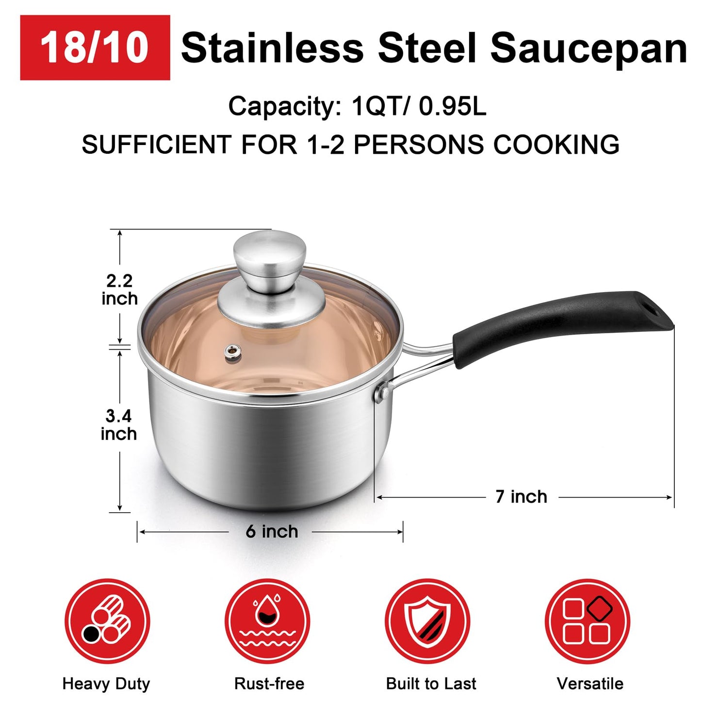 1 Quarts 18/10 Stainless Steel Saucepan, Joyfair Small Sauce Pan Milk Pot with Glass Lid for Cooking Stewing Boiling Spaghetti Soup, Extra Pan Wall & Heat-proof Bakelite Handle, Dishwasher Safe