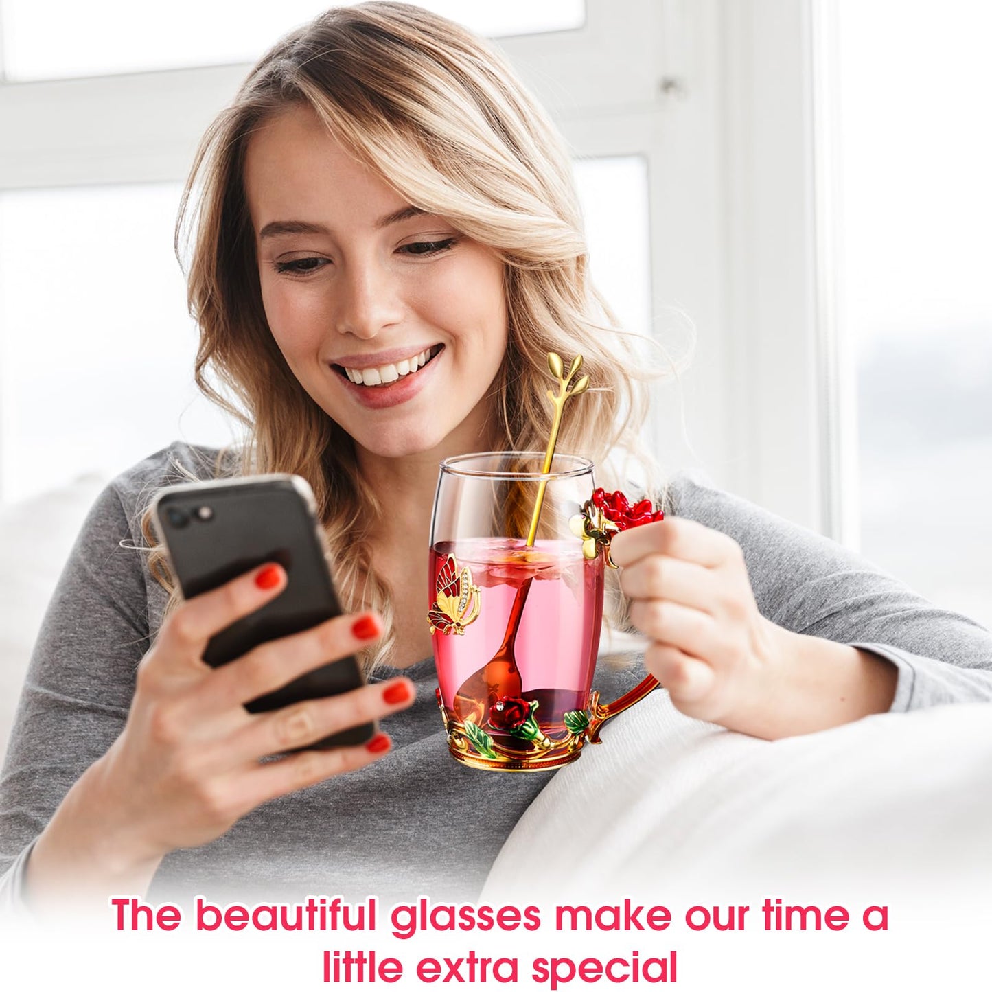 Mimorou 4 Pcs Butterfly Glass Tea Cups Sets for Mother's Day Tea Cup with Spoon Glass Mugs Flower Cup for Mother Gifts Women Clear Rose Coffee Cups Birthday Gifts Female Friend