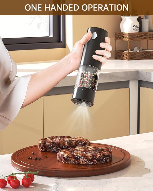 CIRCLE JOY Electric Salt and Pepper Grinder Set - Rechargeable Mills with 6-Level Coarseness Adjustment, LED Light & Storage Base - Black