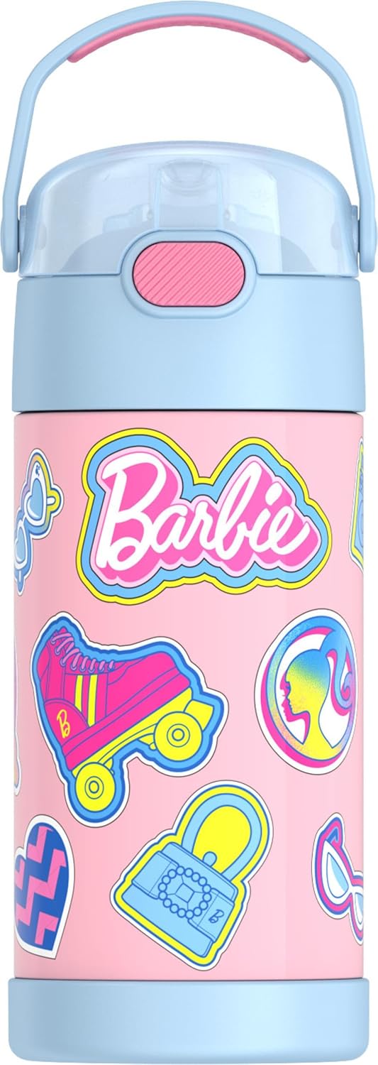 Thermos Funtainer Water Bottle - 12 Ounce Kids Stainless Steel Insulated Bottle with Straw | Barbie Design