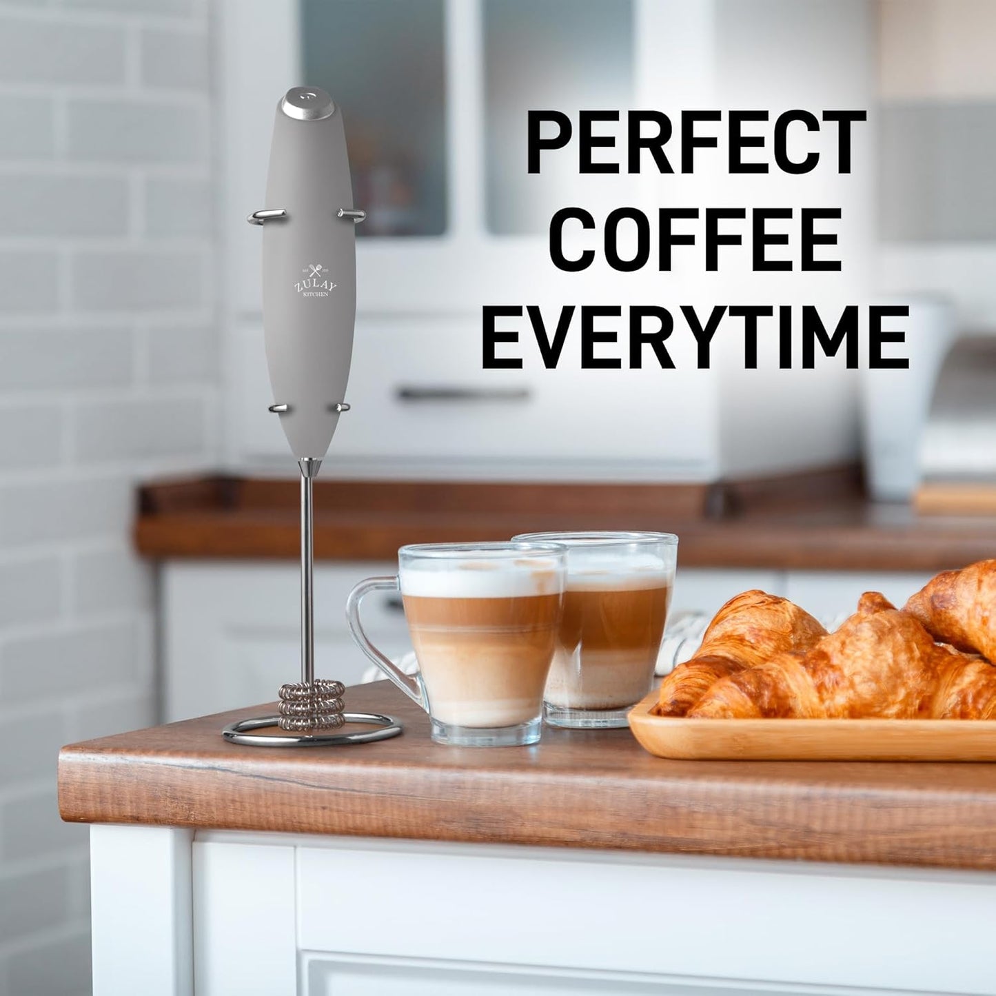 Zulay Kitchen Tornado Triple Whisk Milk Frother - Handheld Foam Maker for Coffee & Lattes | Steel Gray, 4 Batteries Included