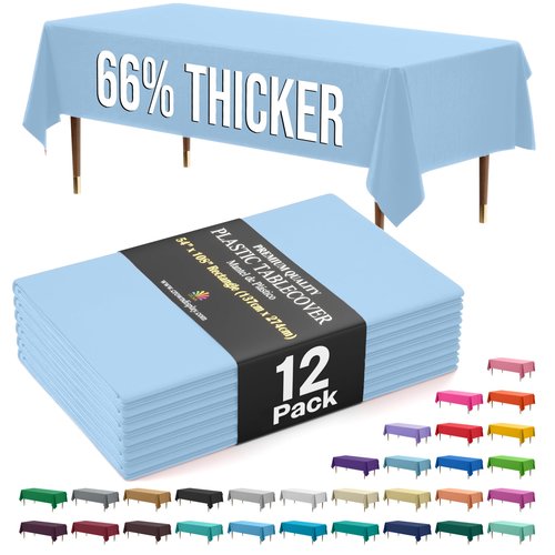 Exquisite 66% Thicker Premium Plastic Table Cloth Rectangle Table Cover 0.5 Mil 12 Pack Light Blue Table Cloth 54 Inch x 108 Inch Disposable Tablecloth Won't Tear Easily Like Cheap Thin Brands