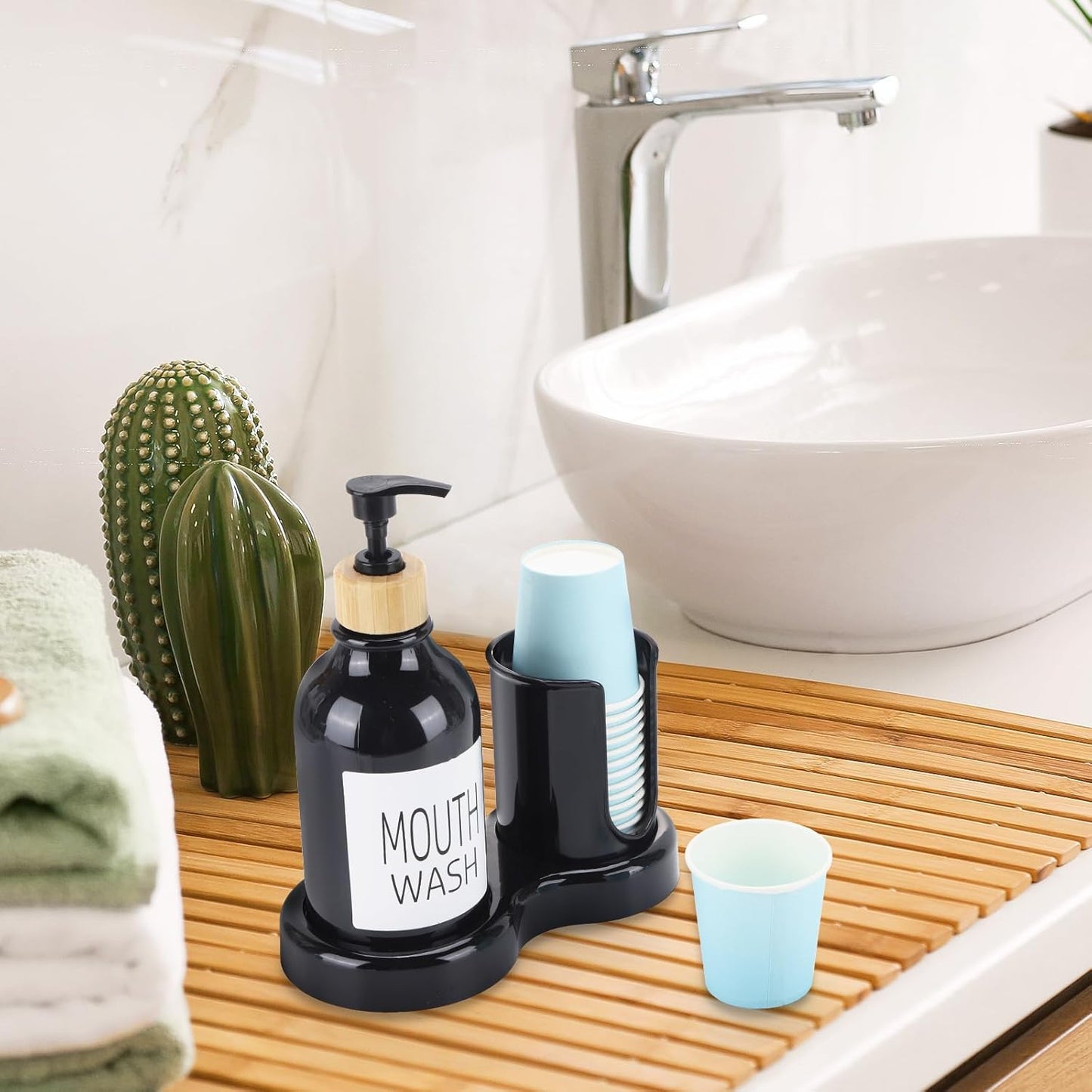 Regine Switzerland Mouthwash Dispenser - 16oz Plastic Holder with Cup and Tray - Black
