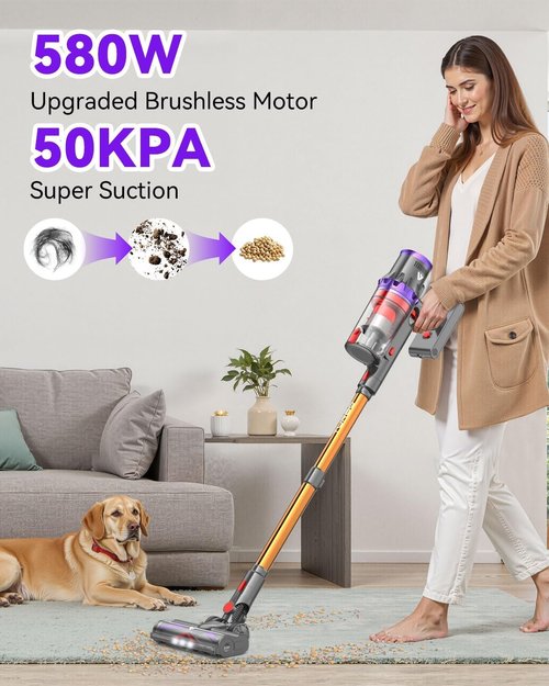 Coovy SU7 Cordless Vacuum Cleaner - 580W Powerful Stick Vacuum with 80 Minutes Runtime | Anti-Tangle, Lightweight, Gold