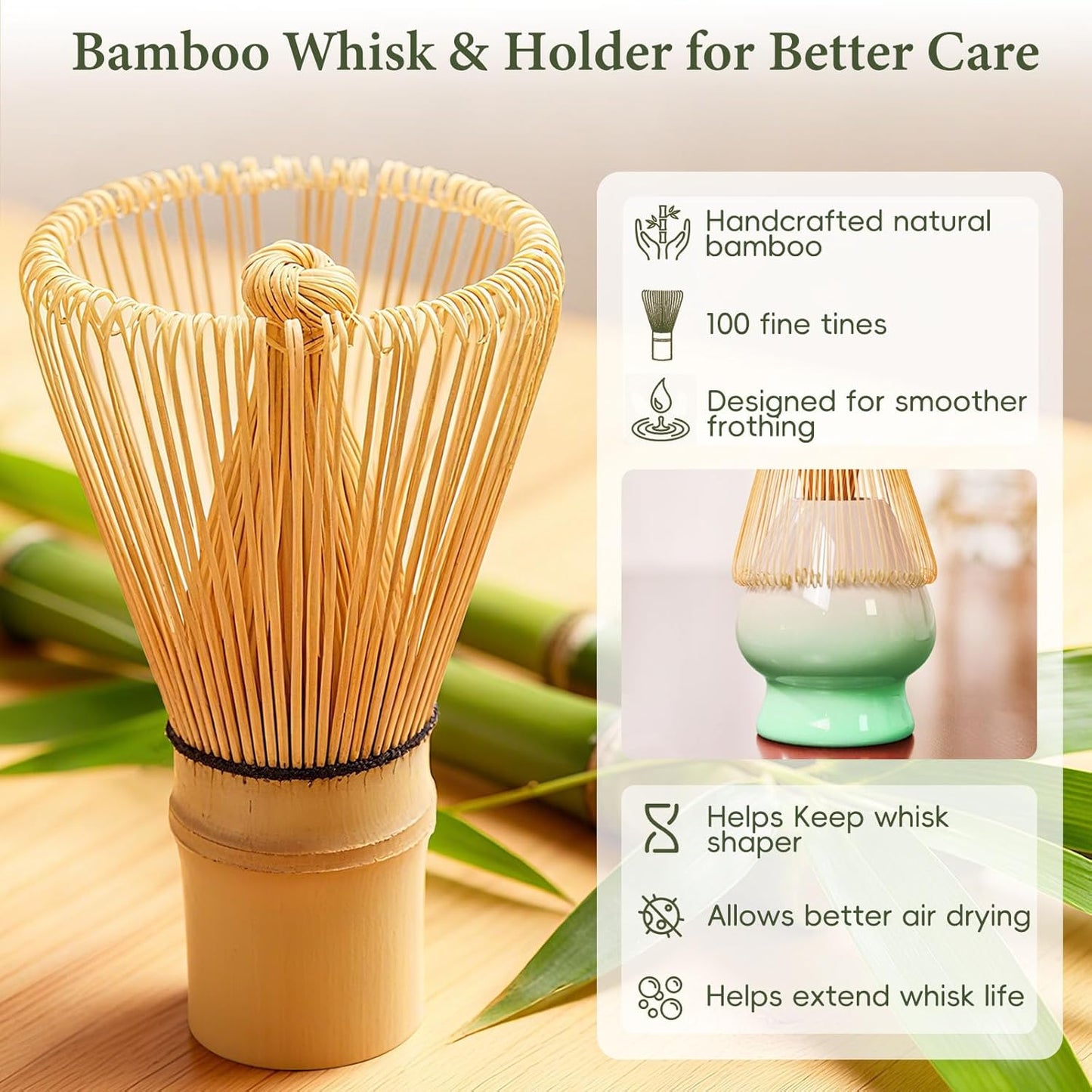 Skiennix Matcha Whisk Set - Complete 6PCS Ceramic Kit with Bamboo Whisk, Bowl, and Sifter | Green
