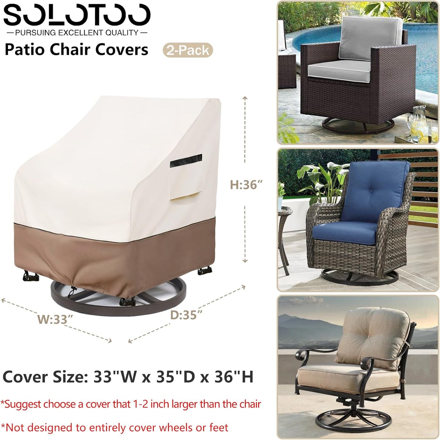 Patio Chair Covers | Waterproof Heavy-Duty Protection for Swivel Chairs - 33W x 35D x 36H Inches (Beige) - 2 Pack