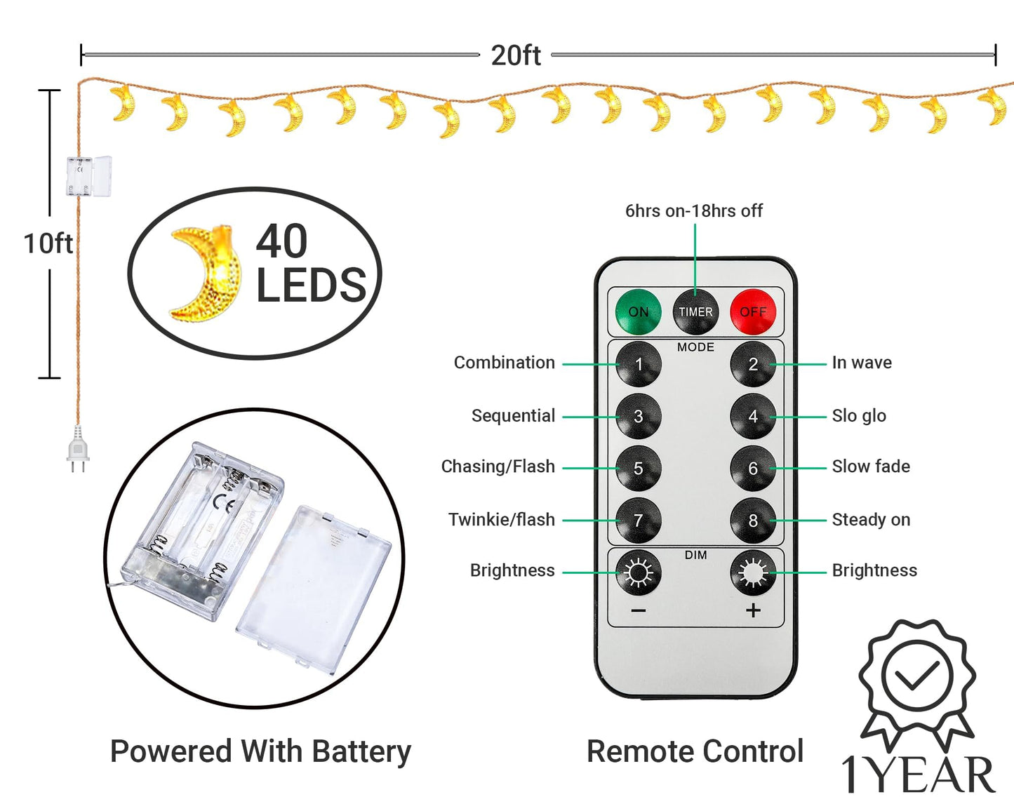 OLEEK Ramadan Lights Decorations 20 ft- Ramadan Decorations for Home 2026 - Ramadan Decoration Lights (40 LEDs)- Ramadan Gifts for Kids - Ramadan Decor - زينه رمضان - Ramadan led Lights