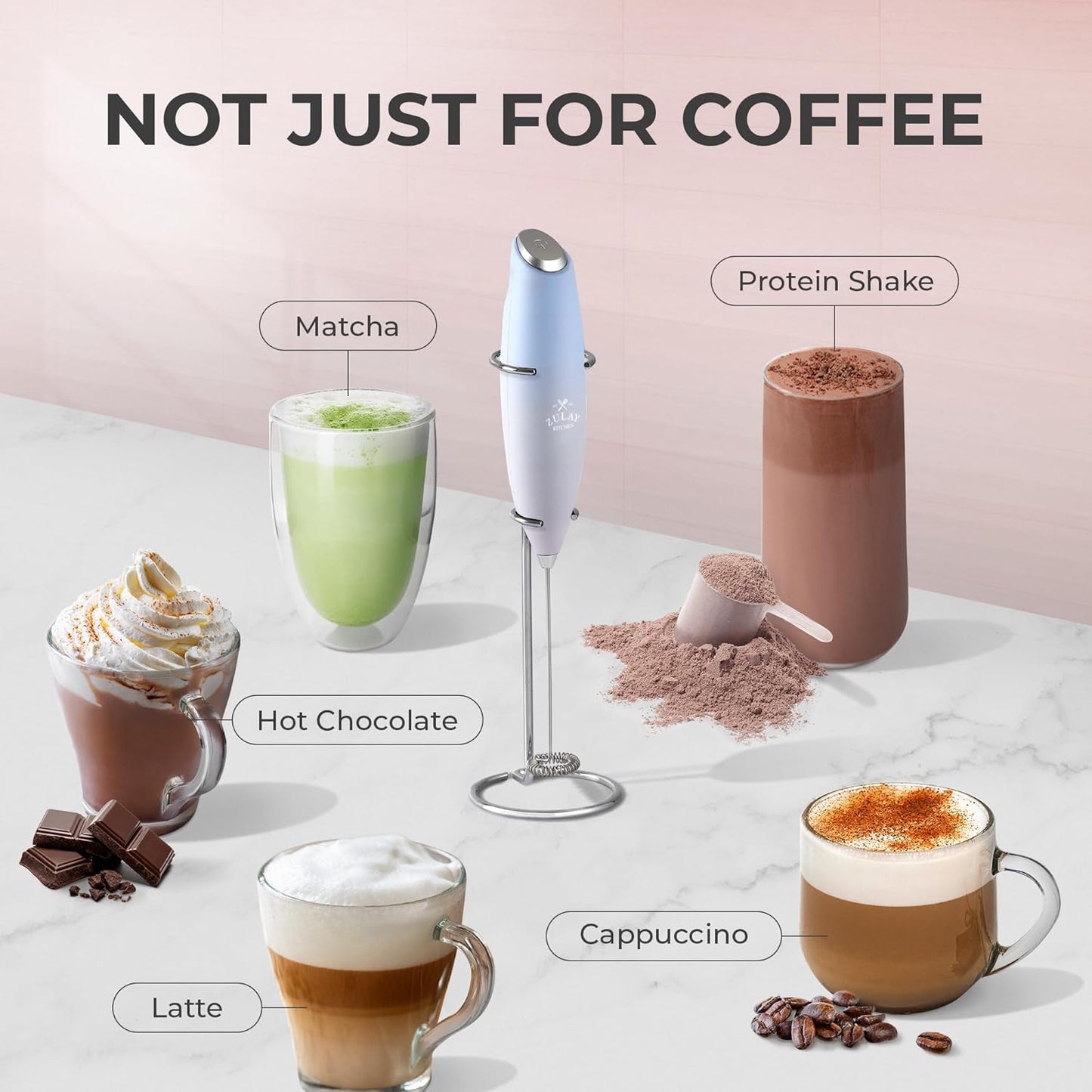 Zulay Kitchen Milk Frother Wand - Ultra-Fast Handheld Electric Whisk for Coffee, Lattes & More - Cloud Color