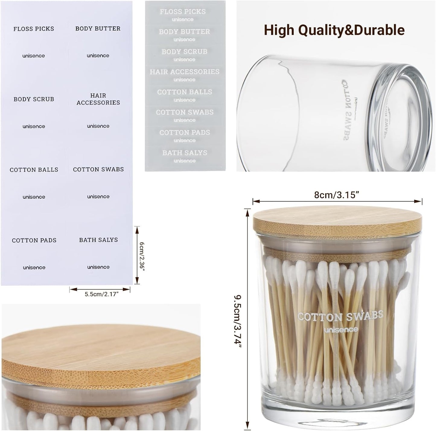 Skiennix Glass Qtip Holder Set - 2 Pack Bathroom Organizer with Lid for Cotton Swabs & Makeup Storage