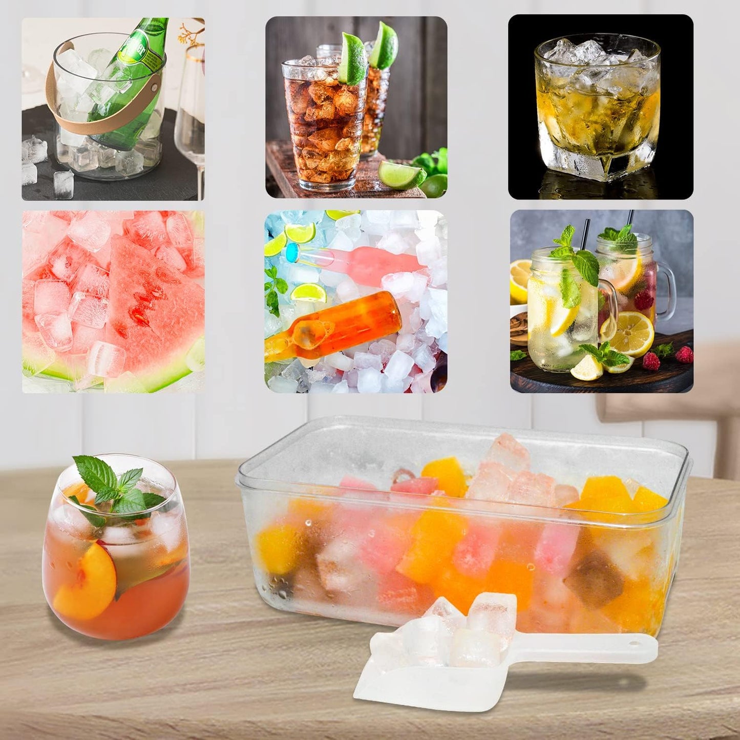 Skiennix Ice Cube Trays - 2-Tier Freezer Set with Bin, Scoop, and Press Plate, Lid Included