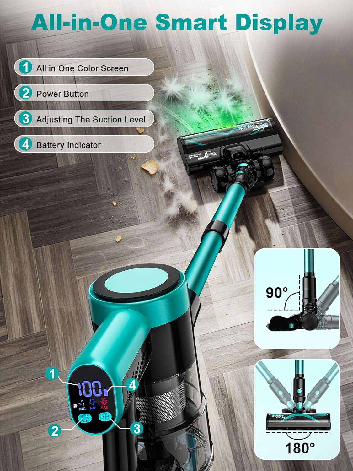 Skiennix Cordless Vacuum Cleaner - 10-in-1 Versatile Design with 55 Minutes Runtime & LED Display | Cyan
