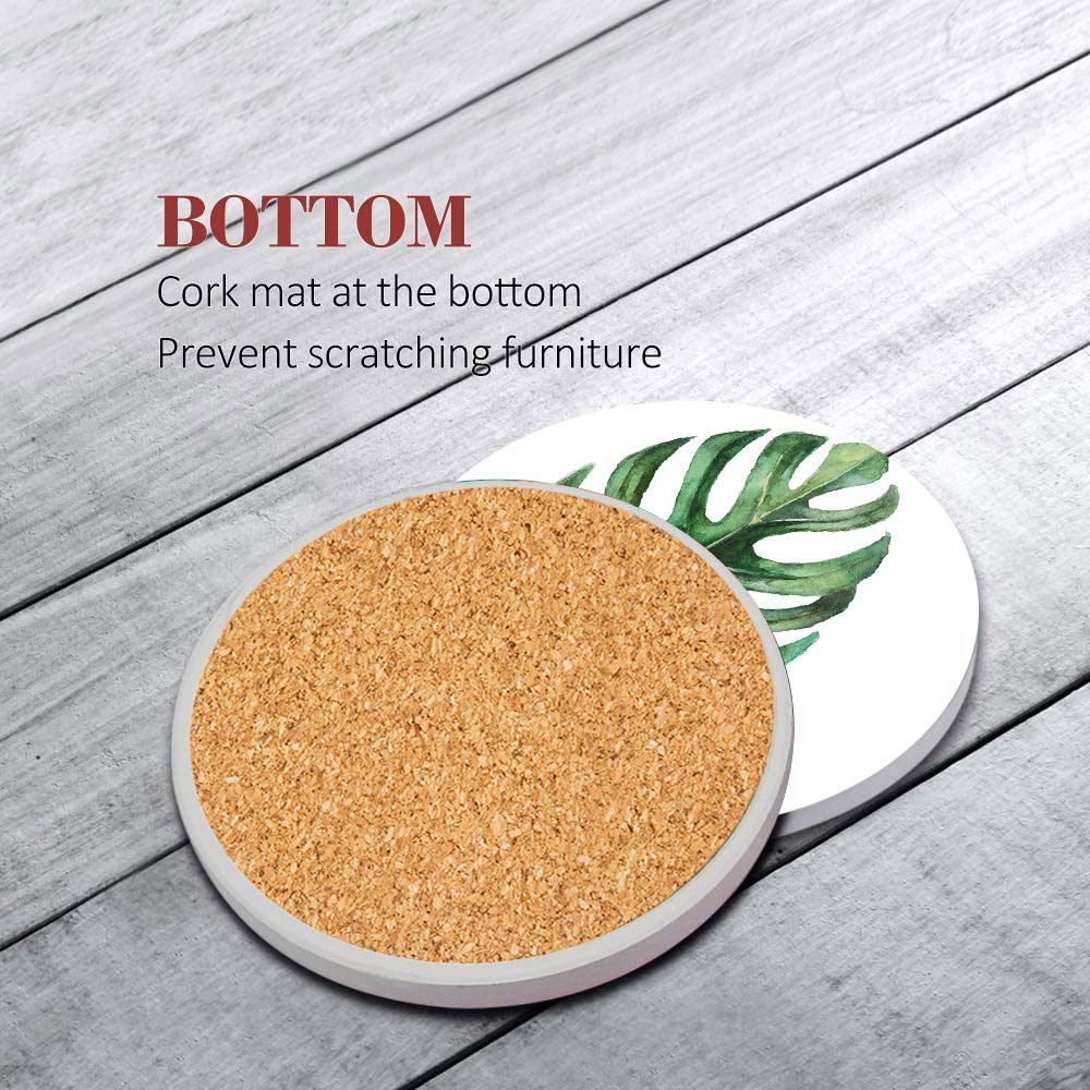 Britimes Set of 6 Coasters for Drinks Absorbent Green Leaves with Cork Base, Metal Holder, Round Stone Drink Mat for Coffee Wood Table, Gift for Birthday, Farmhouse Housewarming Room Bar Decor