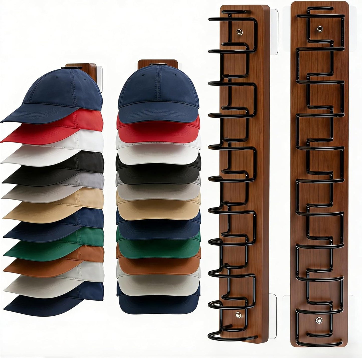 Skiennix Hat Organizer - 2 Pack Wall-Mounted Rack for 22 Baseball Caps | Wood & Metal Design in Brown