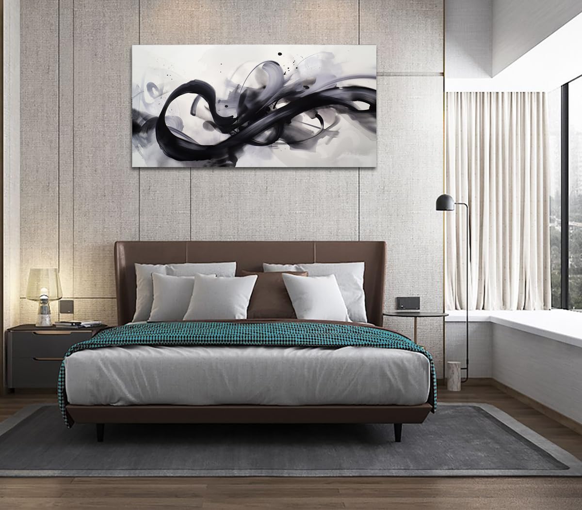 HONGRUIFAN Black White Abstract Wall Art Canvas Geometric Lines Print Picture Large 20x40 Inch Contemporary Artwork Pinting for Home Décor