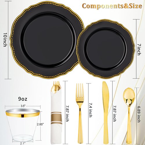Hioasis 175pcs Black and gold Plastic Plates - Gold Plastic Dinnerware Set Includes 25 Dinner Plates, 25 Dessert Dinnerware, 25 Cups, 25 Napkins Perfect for Wedding & Party