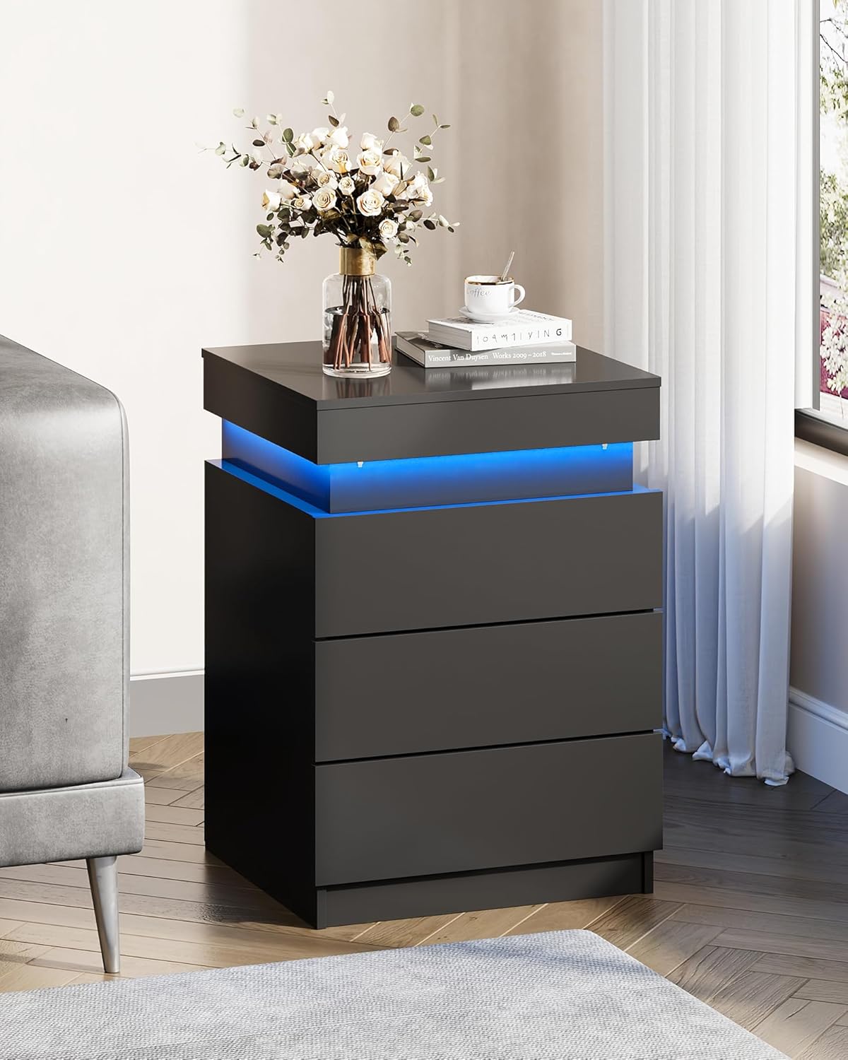 WLIVE Black Nightstand - Modern Bedside Table with Charging Station & LED Lights, 3 Drawers
