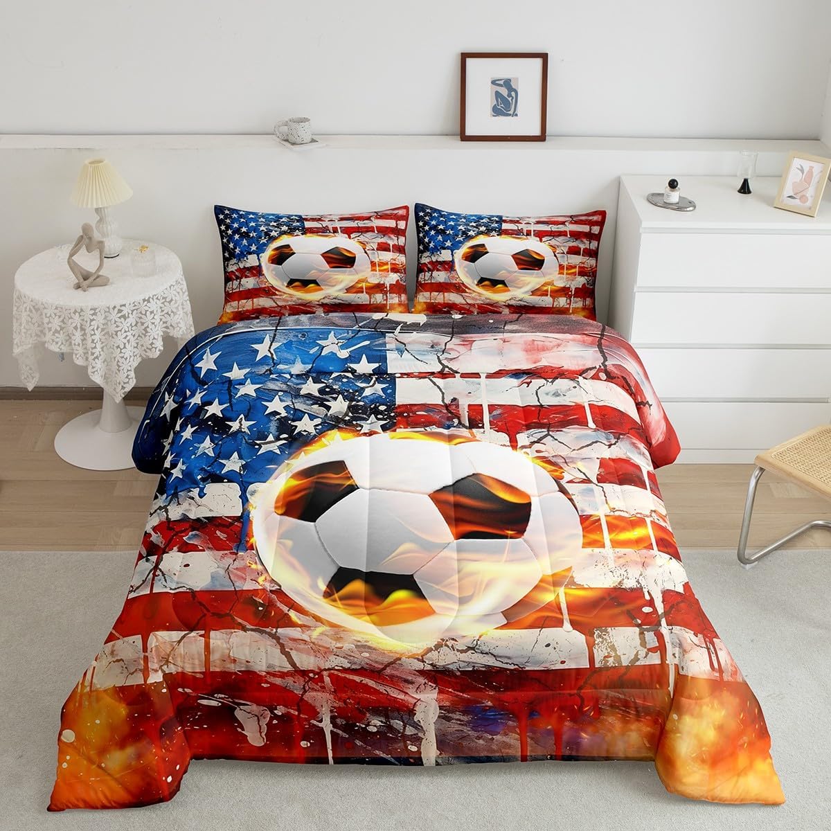 jejeloiu Baseball Comforter Set Twin Size Kids Camo American Flag Comforter for Boys Girls Teens Camouflage Bedding Set Breathable Baseball Games Duvet Set Room Decor Quilt Set