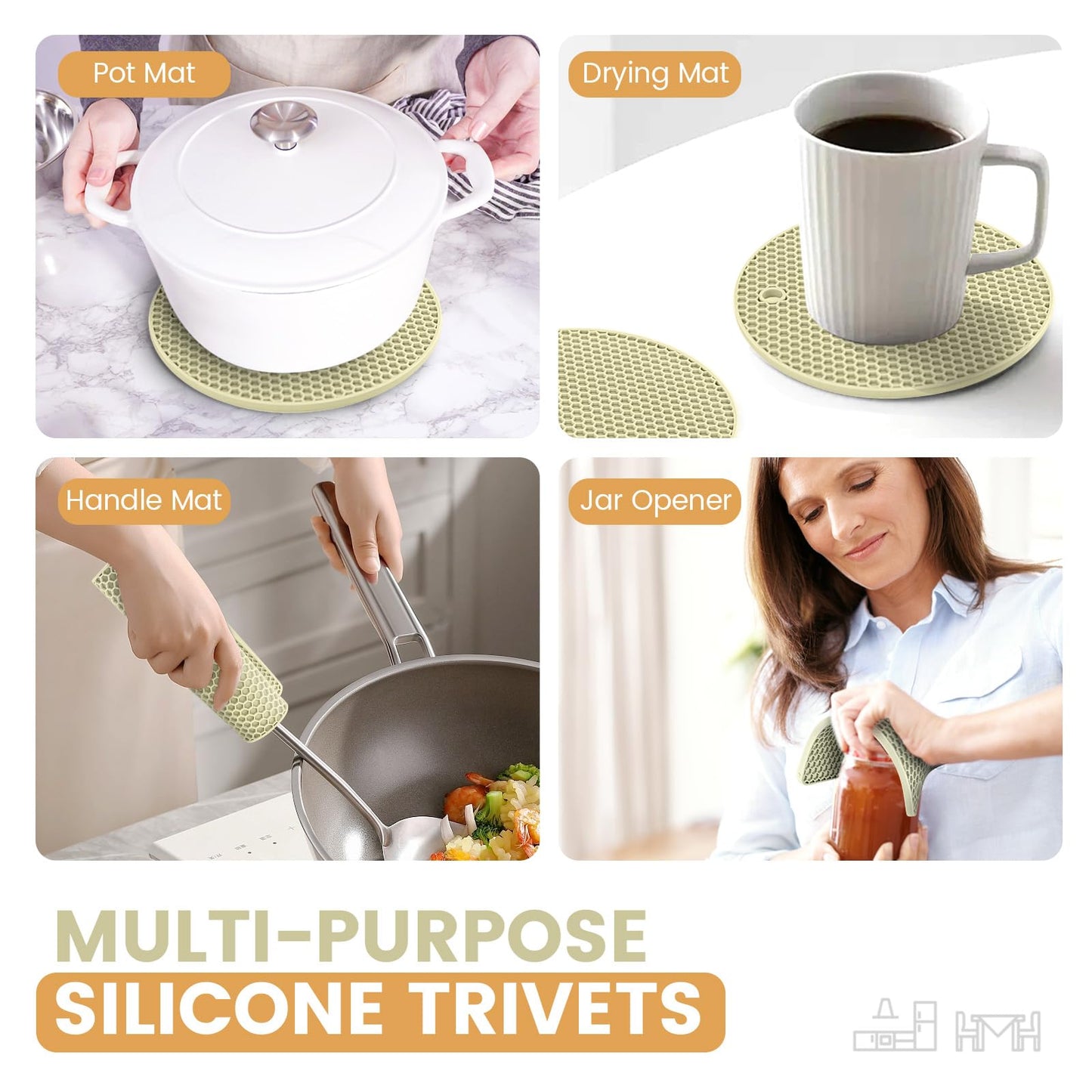 Silicone Trivet Mats 4 Heat Resistant Pot Holders Multipurpose Non-Slip Hot Pads for Kitchen Potholders, Drying mat, Jar Opener, Spoon Holder, Coaster(Nordic Rice)
