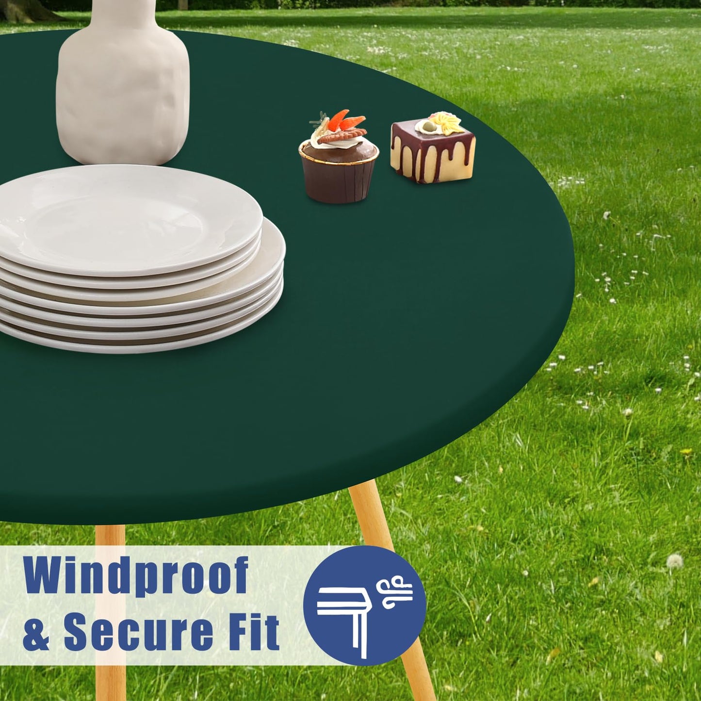 Moosfor Round Spandex Tablecloth, Elastic Fitted Waterproof Tablecloths for 57"-68" Tables, Stretch Washable Picnic Table Cover for Camping, Dining, Indoor and Outdoor, Hunter Green