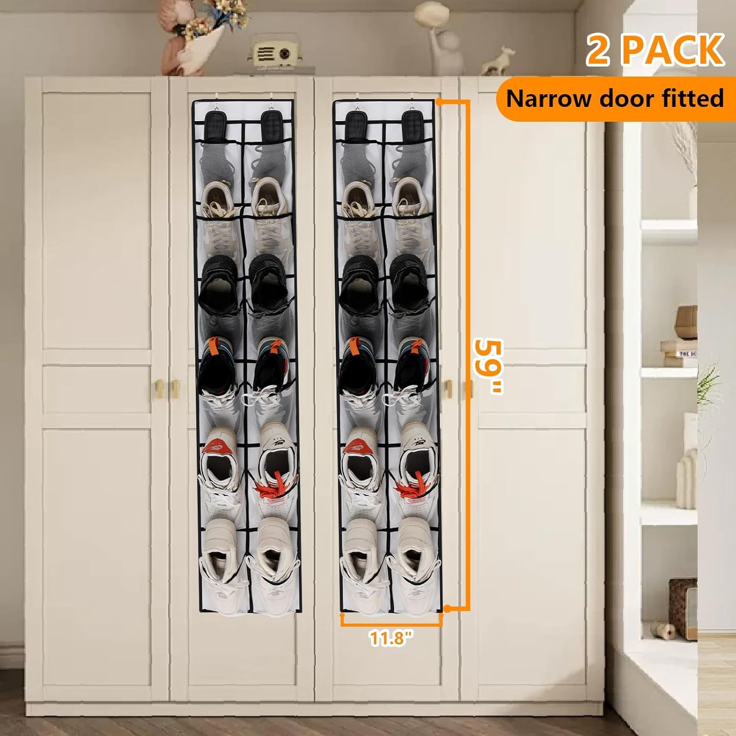 MSLOVE Over The Door Shoe Organizer - 12 Large Mesh Pockets for Closet Storage | White, 2 Pack