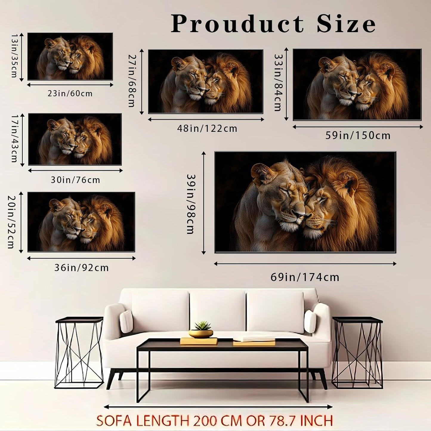 Lions Canvas Wall Art - Romantic Loving Lions Couple | African Wildlife Gold Framed (48"x27")
