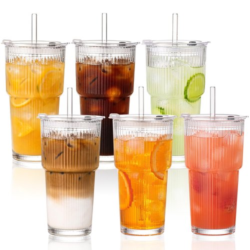 GOSCHE 20oz Glass Cups with Lids and Straws, Reusable Iced Coffee Cups, Thickened Glass Tumbler Set Ideal for Juices, Smoothies, Cocktails, and Beverage, Clear, 6 Pack