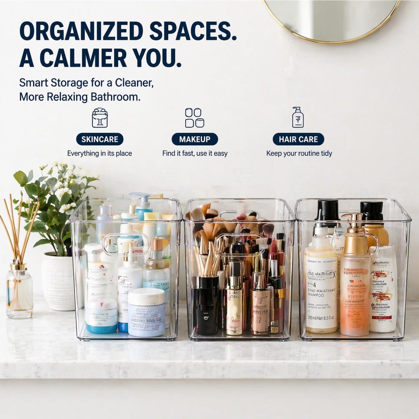 MOONEDGE Open Clear Plastic Storage Bins Stackable Organizer Containers with Handles for Kitchen, Pantry, Fridge, Cabinet, Closet Storage & Home Organization 6 Pack（11 x 8 x 6 in）