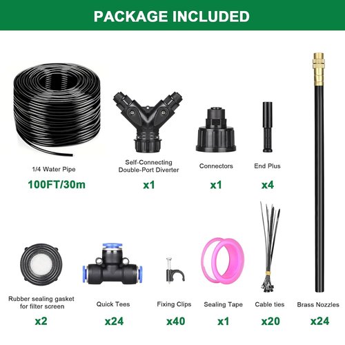 Drip Irrigation System - 100Ft 1/4" Garden Watering Kit with 24 Adjustable Copper Nozzles for DIY Gardens