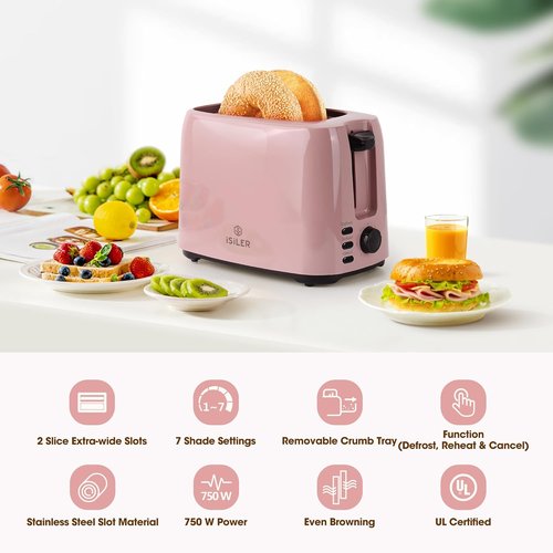 iSiLER 2-Slice Toaster - 1.3-Inch Wide Slot Bagel Toaster with 7 Shade Settings & Removable Crumb Tray | Pink