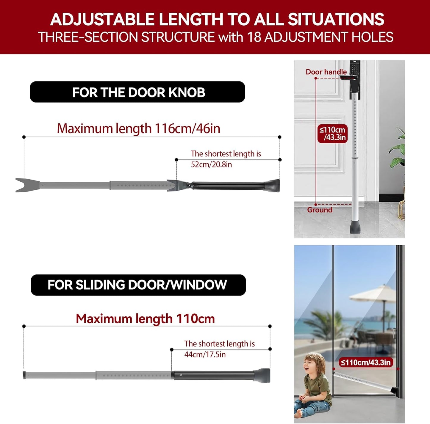 AceMining Door Security Bar & Sliding Patio Lock - Heavy Duty Adjustable Jammer (1 Pack, White)