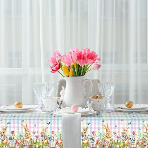 3-Piece 54 x 108 Inch Easter Plaid Plastic Tablecloth – Bunny and Easter Egg Disposable Rectangle Table Covers with Pastel Checkered Design for Easter Party, Spring Celebration and Holiday Decorations
