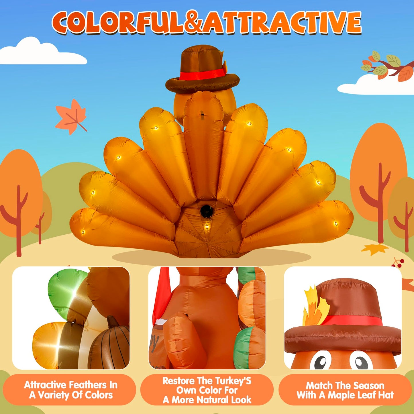 Loninak 6 Ft Thanksgiving Inflatable Decoration, Happy Thanksgiving Turkey Built-in LED Lights, Outdoor Blow Up Yard Fun Decor, for 2025 Halloween Lawn Decor