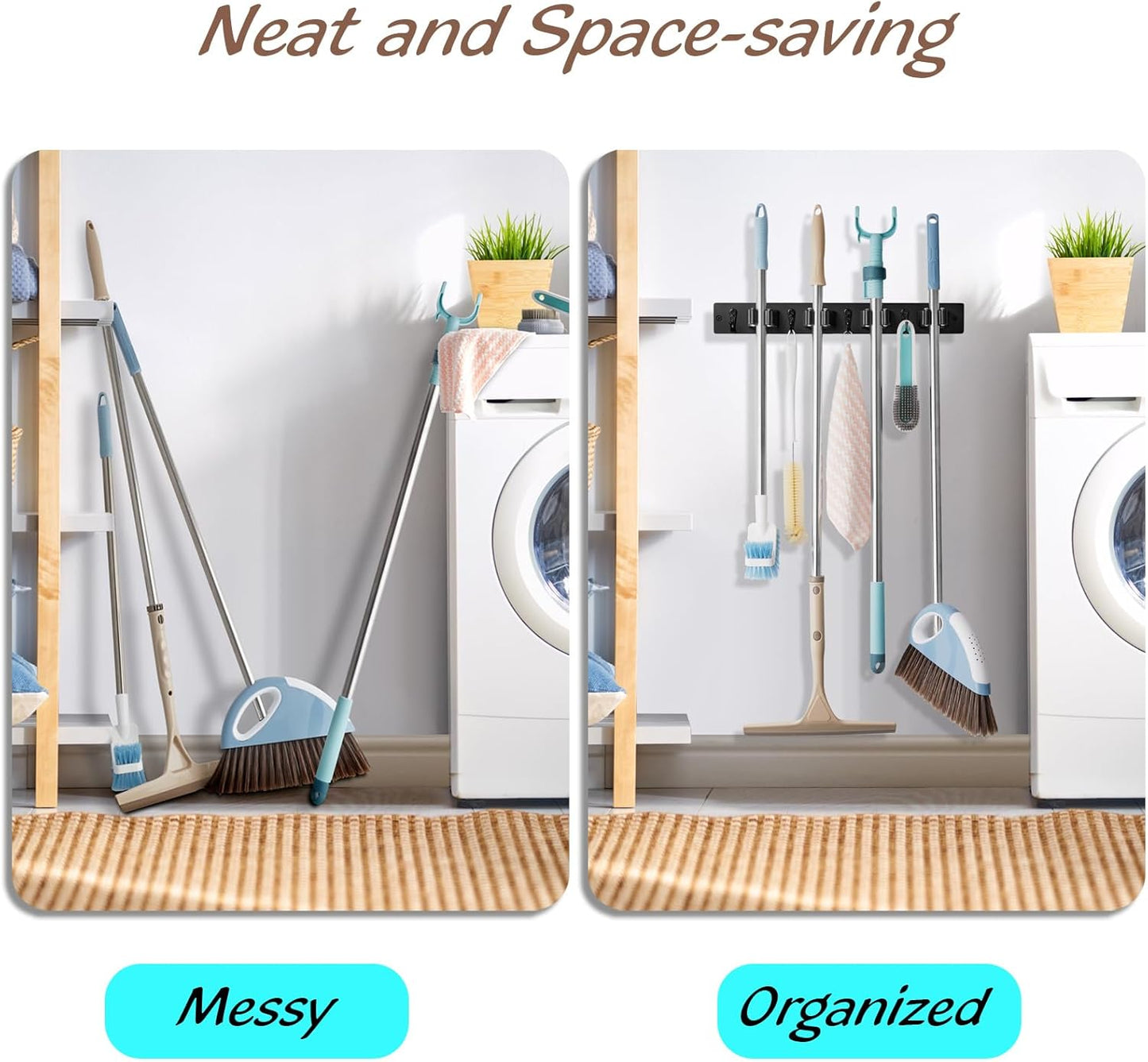 OUTNILI Wall Mounted Mop Broom Holder - 2 Pack Black Organizer with 4 Slots & Hooks for Garage, Closet, Laundry Room