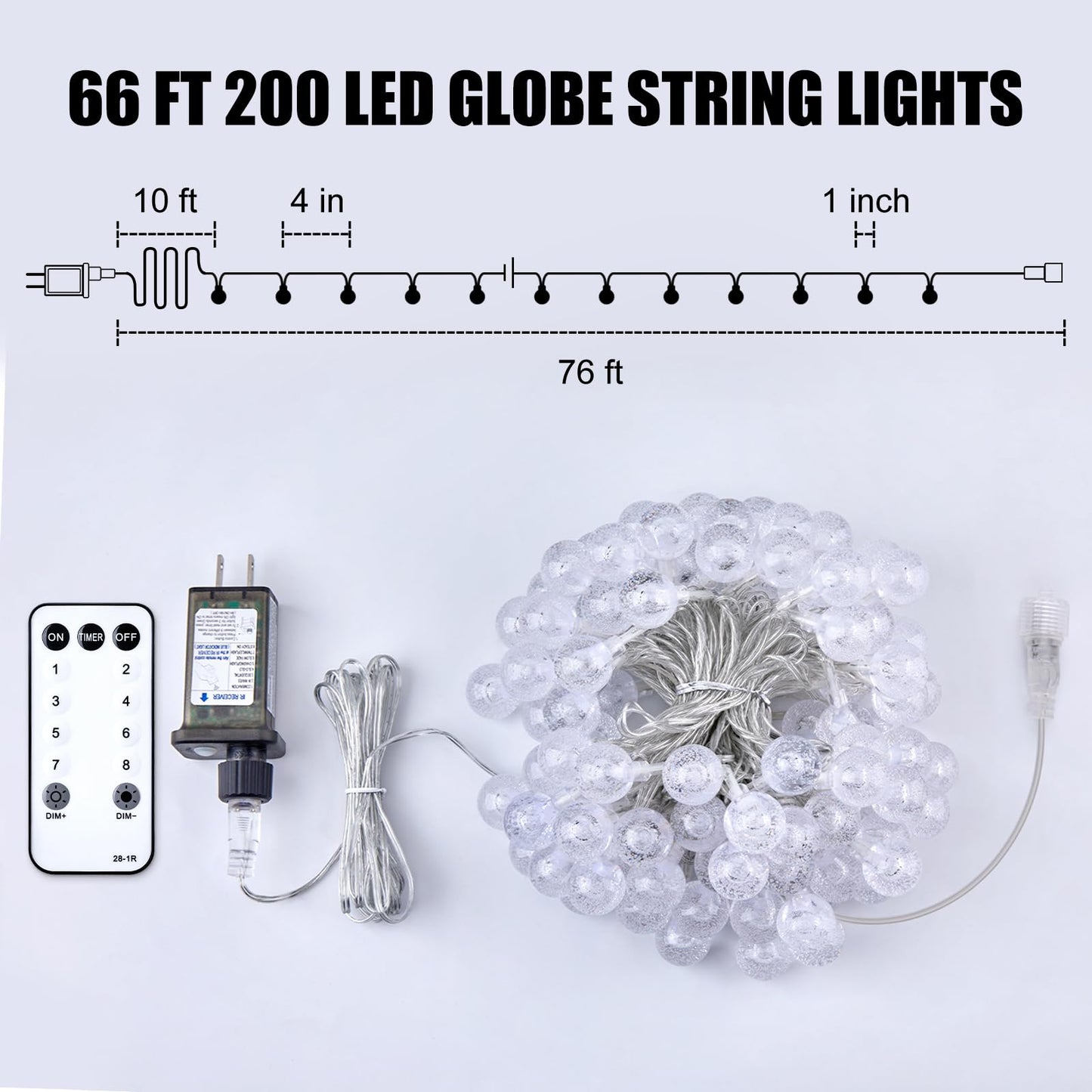 Minetom Crystal Globe String Lights Plug in - 66 ft 200 LED Globe Fairy String Lights with Remote and Timer, Waterproof for Bedroom Tent Loft Bed Window Porch Patio Wedding Holiday Decor, Warm White