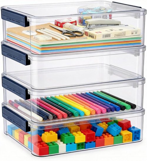 **Clear Plastic Storage Box - 4 Pack 5.5qt Snap-Tight Latch | Stackable Organizer for A4 Files, Photos & Crafts**