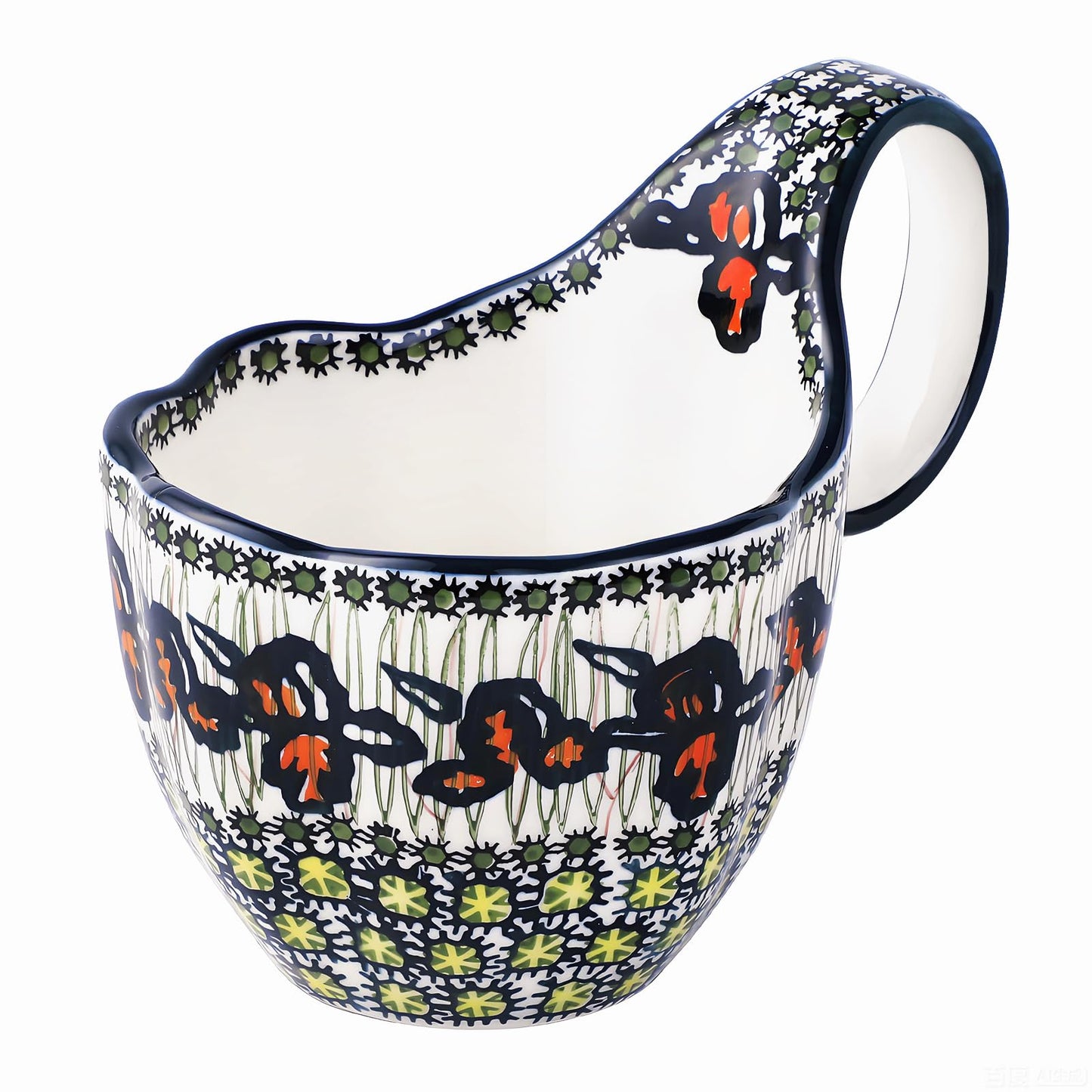 ALMA Ceramic Soup Bowls With Handles, 18oz Microwavable Large Loop Handle Mugs, Decorative Handpainted Floral Soup Bowl For Cereal, Oatmeal, Chili, Snack,Fruits,Ice cream-Orange Irene Theme