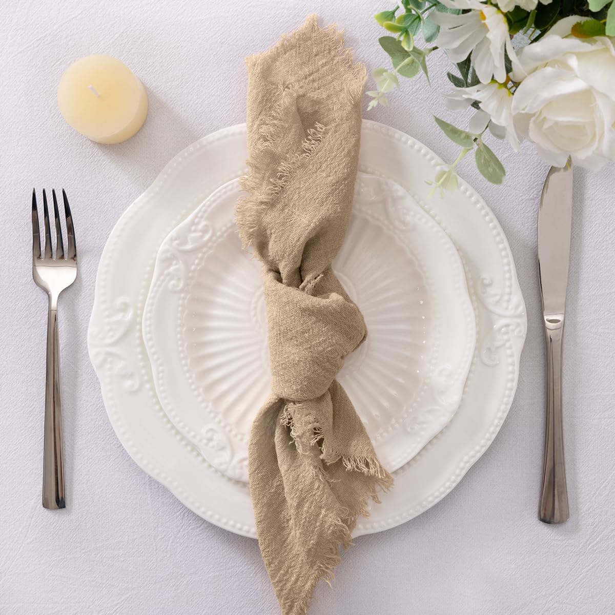Socomi Linen Napkins Set of 6 - Washable Caramel Cloth for Weddings & Parties | 17"x17" Size