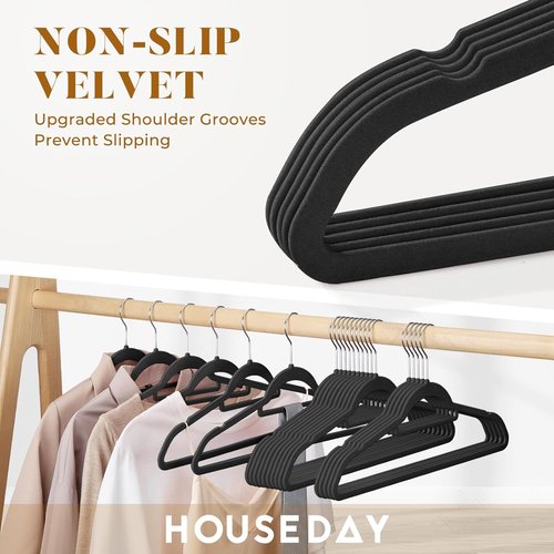 HOUSE DAY Velvet Hangers - 20 Pack Non-Slip Slim Felt Hangers with Tie Bar & 360° Swivel Hook | Elegant Black