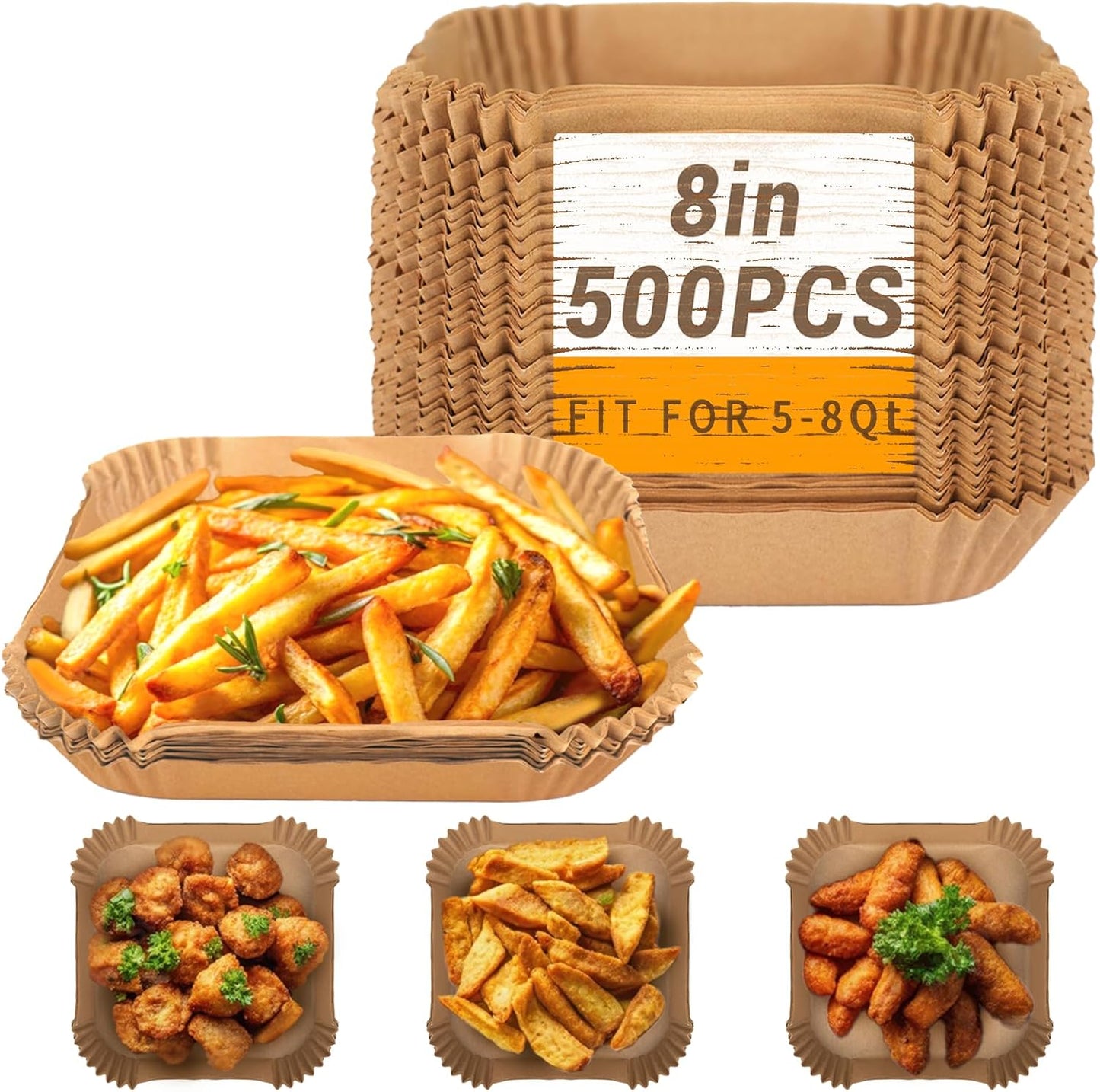 Skiennix Air Fryer Paper Liners - 500 Pcs Non-Stick Parchment for 5-8 QT Air Fryers | 8” Square, Oil Proof