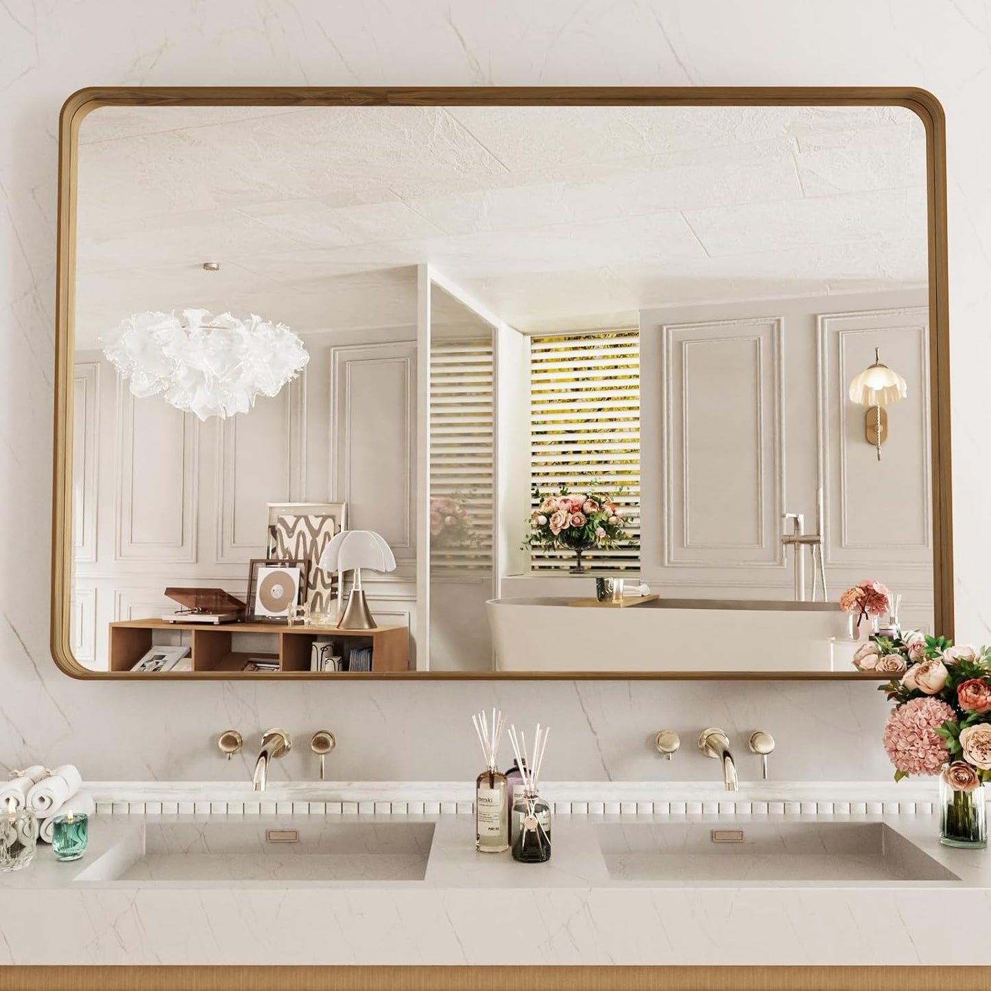 LOAAO Bathroom Mirror - 55x36 Inch Rounded Rectangle with Wood Grain Metal Frame | Anti-Rust, Versatile Hanging Options