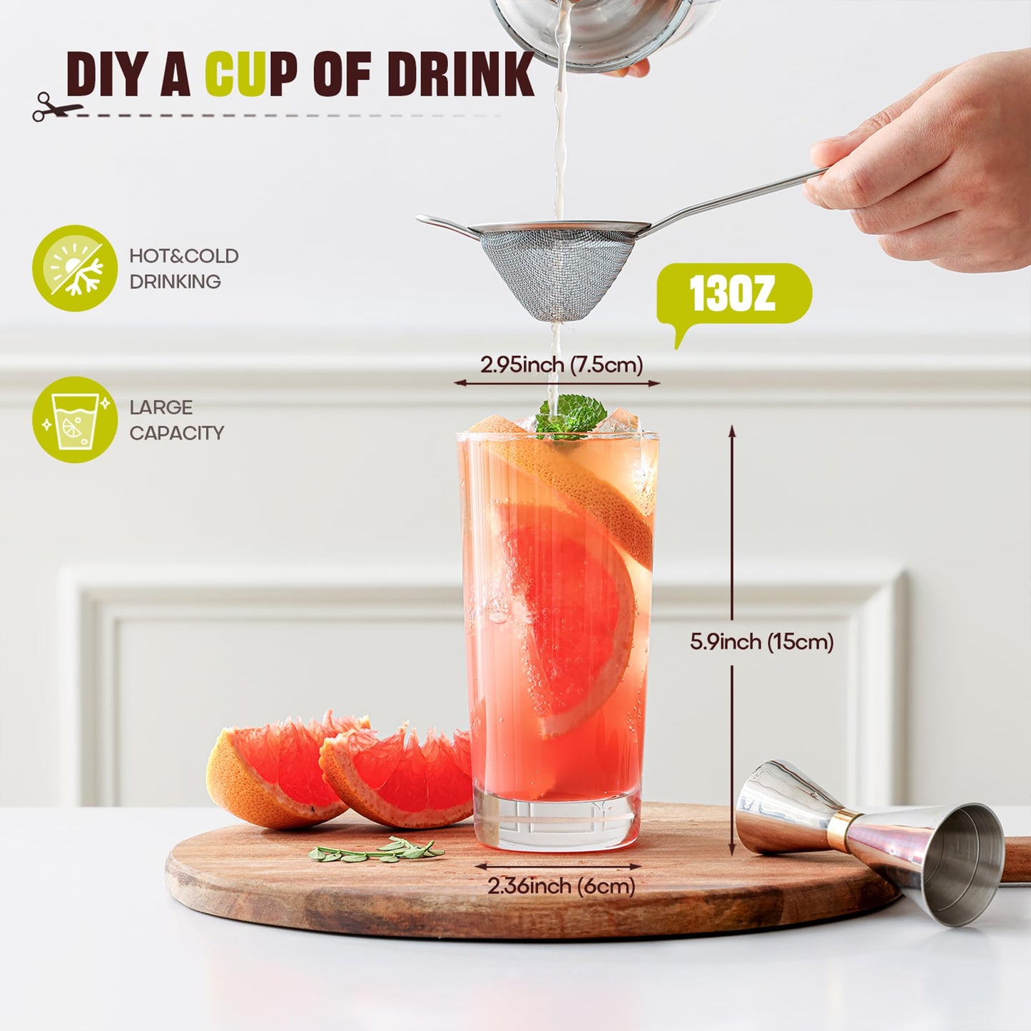 OUWO Highball Glasses Set of 6, 13oz Tall Drinking Glasses, Water Glass for Kitchen, Tom Collins Glasses, Mojito Glass Cups, Cocktail Glasses for Bar Glassware